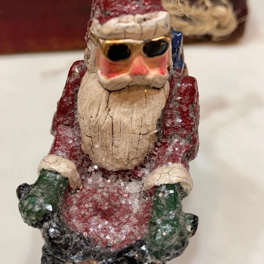 Sunglass Sparkly Santa on motorcycle ornament